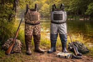 Hunting waders and fishing waders side by side near a river